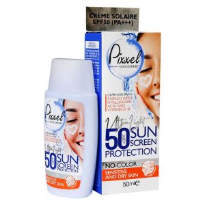 کرم ضد آفتاب بدون رنگ پیکسل spf50 مناسب پوست خشک و حساس حجم ۵۰ml