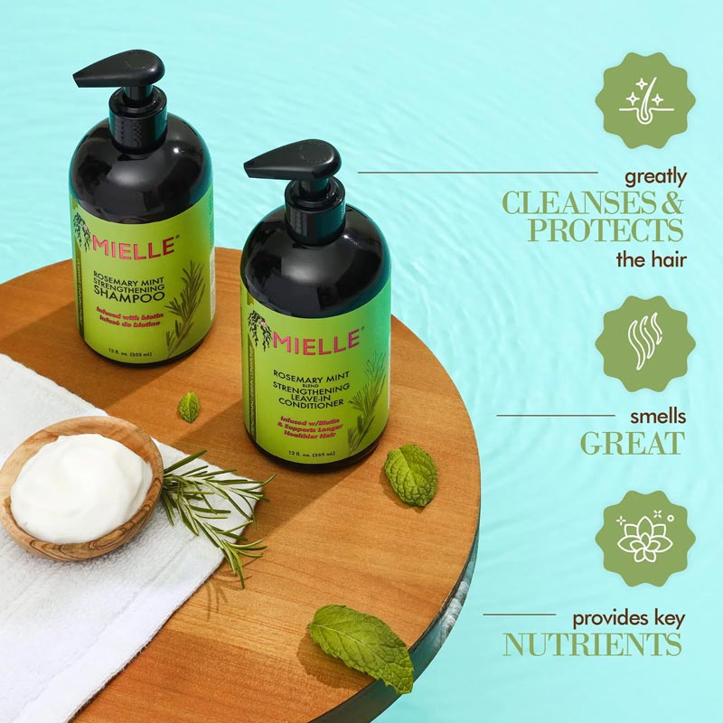 شامپو تقویت‌ کننده مو رزماری مایل Mielle مدل Rosemary Mint Strengthening حجم 355ml