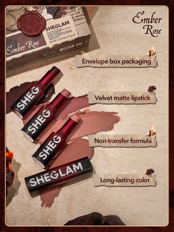 ست رژلب مات امبر رز عشق سوخته چهار رنگ شیگلم Dynamatte Boom Long-Lasting Matte Lipstick - Image 5