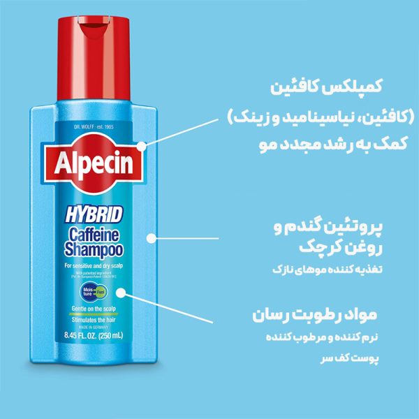 شامپو موهای حساس کافئین آلپسین مدل HYBRID حجم 250ml - Image 2