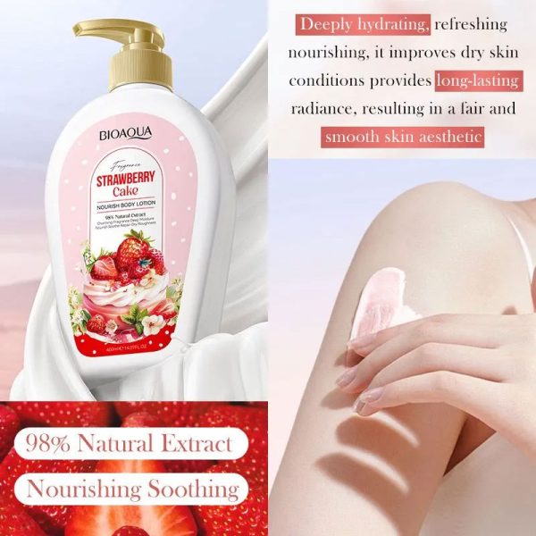 لوسیون بدن بیوآکوا Bioaqua رایحه کیک توت فرنگی Strawberry Cake حجم 400ml - Image 2