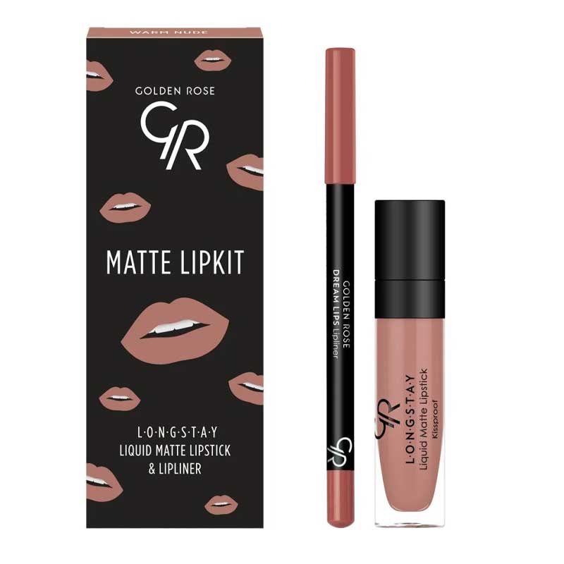 کیت خط لب و رژ لب مایع گلدن رز Golden Rose مدل Matte Lipkit رنگ Warm Nude