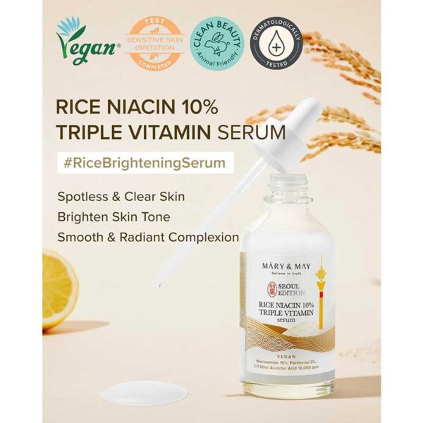 سرم روشن کننده پوست تریپل ویتامین مری اند می Mary & May مدل Rice Niacin 10% Triple Vitamin Serum حجم 80ml