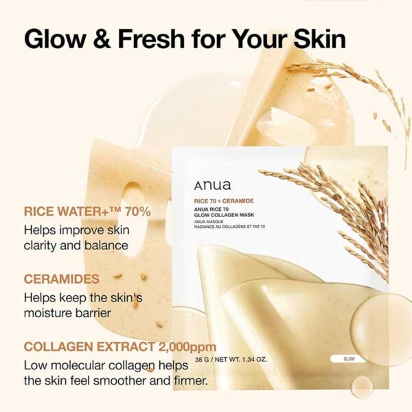 ماسک ورقه ای برنج و کلاژن مرطوب و درخشان کننده پوست آنوا Anua مدل Rice 70 Glow Collagen