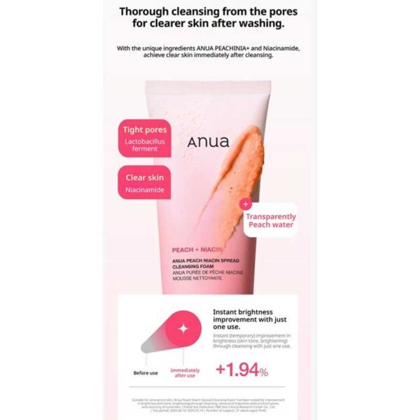 فوم شوینده روشن کننده هلو و نیاسین آنوا Anua مدل Peach Niacin Spread حجم 150ml