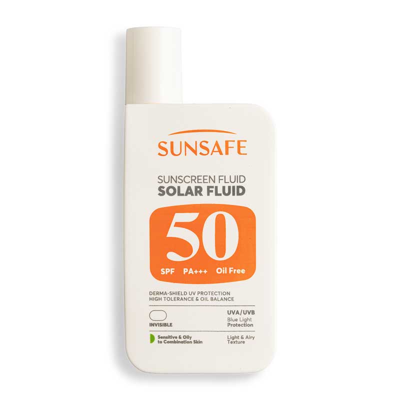 کرم ضد آفتاب پوست چرب و مستعد آکنه سان سیف Sunsafe مدل Solar Fluid حجم 55g