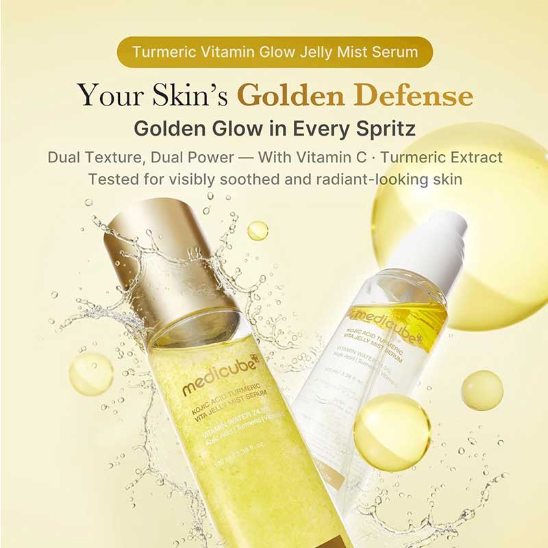 میست سرم ژلی روشن کننده و تسکین دهنده پوست مدی کیوب Medicube مدل Kojic Acid Turmeric Vita Jelly Mist Serum